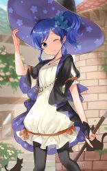 Rule 34 | 1girl, aikatsu!, aikatsu! (series), atelier (series), atelier ayesha, black coat, black hat, black pantyhose, blue eyes, blue hair, blue scrunchie, blush, cat, closed mouth, coat, commentary, commission, cosplay, dress, english commentary, hair ornament, hair scrunchie, hand on headwear, hand up, haru (nakajou-28), hat, jewelry, kiriya aoi, long hair, looking at viewer, necklace, one eye closed, outdoors, pantyhose, puffy sleeves, scrunchie, side ponytail, sidelocks, skeb commission, smile, solo, standing, star (symbol), star print, white dress, wilbell voll-ersleid, wilbell voll-ersleid (cosplay), witch, witch hat
