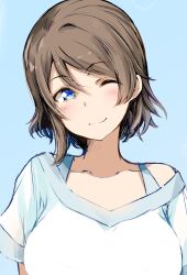 Rule 34 | 1girl, blue background, blue eyes, breasts, brown hair, closed mouth, collarbone, commentary request, gengoroh, hair between eyes, highres, looking at viewer, love live!, love live! sunshine!!, one eye closed, shirt, short hair, simple background, smile, solo, upper body, watanabe you