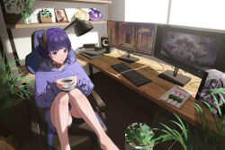 Rule 34 | 1girl, absurdres, aoba ao, barefoot, black shorts, book, closed mouth, commentary, contemporary, dango, desk, drawing (object), english commentary, feet out of frame, food, genshin impact, hair ornament, highres, hood, hoodie, indoors, computer keyboard, knees up, lamp, long sleeves, looking at viewer, mole, mole under eye, monitor, on chair, plant, potted plant, purple eyes, purple hair, purple hoodie, raiden shogun, sanshoku dango, shorts, sidelocks, sitting, solo, sunlight, wagashi, window, yae miko