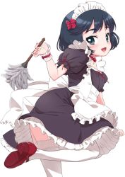 Rule 34 | 10s, 1girl, alternate costume, apron, black dress, black eyes, black hair, bow, commentary, dress, duster, enmaided, feather duster, frilled apron, frills, from behind, garter straps, girls und panzer, hair bow, holding, leg up, looking at viewer, looking back, maid, maid apron, maid headdress, mary janes, medium dress, one eye closed, petticoat, puffy short sleeves, puffy sleeves, red bow, red footwear, senzoc, shoes, short hair, short sleeves, simple background, smile, solo, standing, standing on one leg, thighhighs, utsugi yuuki, white apron, white background, white thighhighs, wristband