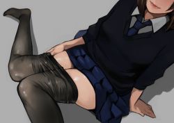 Rule 34 | 1girl, absurdres, black pantyhose, brown hair, clothes pull, highres, original, pantyhose, pantyhose pull, pleated skirt, school uniform, sitting, skirt, smile, solo, sweater, wariza, yomu (sgt epper)