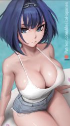 Rule 34 | 1girl, bare shoulders, blue eyes, blue hair, blurry, blurry background, breasts, cleavage, closed mouth, collarbone, cowboy shot, denim, denim shorts, from above, holocouncil, hololive, hololive english, large breasts, matching hair/eyes, meeko, meekohopanes, ouro kronii, patreon username, shiny skin, short hair, short shorts, shorts, simple background, smile, solo, tank top, thighs, tiara, virtual youtuber, water, white tank top
