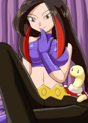 Rule 34 | 1girl, black hair, creatures (company), frontier brain, game freak, gen 2 pokemon, lowres, lucy (pokemon), nintendo, pokemoa, pokemon, pokemon (creature), red eyes, red hair, shuckle