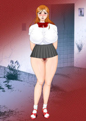 Rule 34 | 1girl, arms behind back, bathroom, bleach, blush, bow, breasts, censored, curvy, female pubic hair, flower, hair ornament, hairclip, hip focus, huge breasts, inoue orihime, long hair, miniskirt, open mouth, orange hair, pubic hair, pussy, red eyes, red snake come on, ribbon, school uniform, skirt, socks, solo, standing