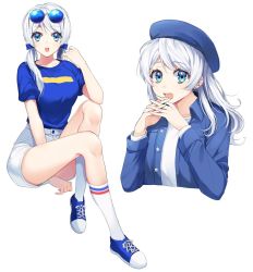 Rule 34 | 10s, 1girl, :d, :o, alternate hairstyle, bad id, bad pixiv id, bang dream!, beret, between legs, blue bow, blue eyes, blue footwear, blue headwear, blue jacket, blue shirt, bow, cropped torso, earrings, eyewear on head, hair bow, hair down, hand between legs, hand up, hands up, hat, interlocked fingers, invisible chair, jacket, jewelry, long hair, minori (faddy), multiple views, open mouth, own hands together, shirt, shoes, short shorts, short sleeves, shorts, simple background, sitting, smile, socks, sunglasses, twintails, wakamiya eve, white background, white legwear, white shirt, white shorts
