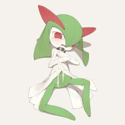 Rule 34 | 1girl, blush, collar, creatures (company), cum, cum on body, cum on lower body, cum on upper body, empty eyes, facial, female focus, full body, furry, furry female, game freak, gen 3 pokemon, green hair, grey background, hands up, highres, kirlia, looking at viewer, lying, nintendo, on back, open mouth, pokemon, pokemon (creature), pussy, red eyes, simple background, solo, spread legs, uncensored, youjo modoki
