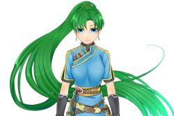 Rule 34 | 1girl, bad id, bad pixiv id, belt, blue eyes, earrings, fire emblem, fire emblem: the blazing blade, gloves, green hair, high ponytail, jewelry, long hair, lyn (fire emblem), nintendo, ponytail, renka (1680892), simple background, solo, very long hair, white background