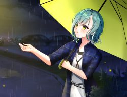 Rule 34 | 1girl, aqua hair, bang dream!, blue jacket, blurry, blurry background, braid, bridge, cloud, cloudy sky, collared jacket, commentary request, depth of field, dress, fireflies, green eyes, hair between eyes, hikawa hina, holding, holding umbrella, jacket, looking away, mamel 27, night, night sky, open clothes, open jacket, overcast, plaid, plaid jacket, puddle, rain, reflection, river, short sleeves, side braids, sky, solo, twin braids, umbrella, water, white dress, yellow umbrella