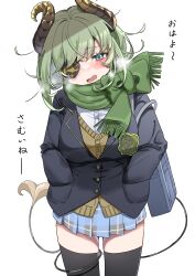 Rule 34 | 1girl, absurdres, bag, black jacket, black thighhighs, blazer, blue bag, blue eyes, blue skirt, blush, breasts, breath, brown cardigan, brown horns, buttons, cardigan, commentary request, cowboy shot, curled horns, demon girl, demon horns, demon tail, eyepatch, green hair, green scarf, hands in pockets, head tilt, highres, horns, jacket, large breasts, looking at viewer, medium bangs, medium hair, miniskirt, nanashi inc., nose blush, open mouth, plaid, plaid skirt, pleated skirt, scarf, sekishiro mico, shirt, simple background, skirt, solo, standing, tail, tail around own leg, tamotsu (mary), thighhighs, translation request, virtual youtuber, white background, white shirt