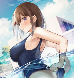 Rule 34 | 1girl, adjusting clothes, adjusting swimsuit, blue eyes, blue one-piece swimsuit, blush, breasts, brown hair, competition swimsuit, highres, jk-chan (oouso), medium breasts, one-piece swimsuit, original, parted lips, partially submerged, pool, shiro kuma shake, short hair, solo, swimsuit, water, wet