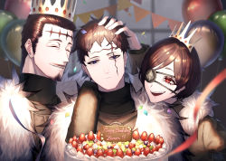Rule 34 | 1girl, 2boys, :d, ^ ^, absurdres, arm around shoulder, balloon, birthday, black clover, black hair, black shirt, blue eyes, blurry, blurry background, blurry foreground, cake, character name, chest strap, closed eyes, coat, confetti, crown, dante zogratis, depth of field, english text, expressionless, eyepatch, facial hair, facial mark, food, frit 2, fruit, fur coat, fur collar, gem, goatee, green eyes, hair behind ear, hair slicked back, hand in another&#039;s hair, hand on another&#039;s head, happy birthday, head on another&#039;s shoulder, high collar, highres, insignia, long bangs, looking at another, looking at viewer, multiple boys, mustache, o-ring, open mouth, parted bangs, parted lips, party, red eyes, red gemstone, shirt, short hair, sideburns, smile, spade (shape), strawberry, streamers, string of flags, tiara, vanica zogratis, zenon zogratis