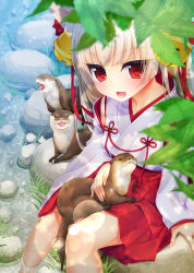 Rule 34 | 1girl, animal, animal ears, bad id, bad pixiv id, bare legs, bell, blonde hair, detached sleeves, fang, grass, headpat, japanese clothes, jingle bell, leaf, miko, open mouth, original, otter, red eyes, shura no suke, sitting, soaking feet, stone, sunlight, water, weasel, wide sleeves, yawning