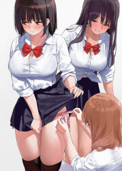 Rule 34 | 3girls, black hair, black thighhighs, bow, bowtie, breasts, brown eyes, brown hair, closed mouth, clothes lift, collared shirt, commentary request, dress shirt, embarrassed, kaisen chuui, large breasts, lifted by self, long hair, medium hair, miniskirt, multiple girls, original, panties, pink panties, pleated skirt, red bow, red bowtie, school uniform, shirt, shirt tucked in, side-tie panties, simple background, skirt, skirt lift, skirt tug, standing, thighhighs, tied shirt, underwear, white background, white shirt