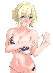 Rule 34 | 1girl, bikini, blonde hair, blue eyes, blush, breasts, cleavage, collarbone, colorado (kancolle), cowboy shot, highres, kantai collection, large breasts, navel, no headwear, no headgear, no headwear, short hair, simple background, solo, sozan, swimsuit, white background, white bikini