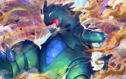 Rule 34 | blue eyes, blue sclera, claws, colored sclera, commentary request, creatures (company), fangs, game freak, gen 2 pokemon, glowing, glowing eyes, looking at viewer, nijimaarc, nintendo, no humans, open mouth, pokemon, pokemon (creature), sand, solo, tongue, tyranitar