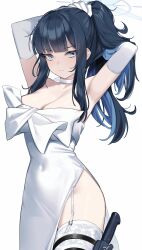 Rule 34 | 1girl, absurdres, armpits, arms up, blue archive, blue eyes, blue hair, breasts, choker, cleavage, covered navel, cowboy shot, dress, elbow gloves, garter straps, gloves, highres, holding, holding own hair, large breasts, long hair, looking at viewer, ponytail, saori (blue archive), saori (dress) (blue archive), solo, standing, strapless, strapless dress, thigh strap, thighhighs, wakamepiza, white choker, white dress, white gloves, white thighhighs