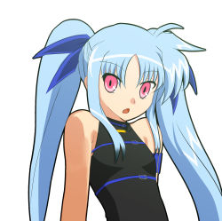 Rule 34 | 1girl, bare shoulders, blue hair, female focus, hair ribbon, highres, lyrical nanoha, mahou shoujo lyrical nanoha, mahou shoujo lyrical nanoha a&#039;s, mahou shoujo lyrical nanoha a&#039;s portable: the battle of aces, levi the slasher, open mouth, red eyes, ribbon, simple background, solo, upper body, white background