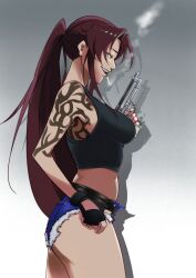 Rule 34 | 1girl, arm tattoo, ass, belt, beretta 92, black belt, black eyes, black gloves, black lagoon, black tank top, blue shorts, breasts, brown hair, cigarette, crop top, cutoffs, denim, denim shorts, facing to the side, finger on trigger, fingerless gloves, from side, gloves, grey background, gun, handgun, high ponytail, highres, holding, holding gun, holding weapon, large breasts, long hair, looking down, midriff, minamotonoraik7, mouth hold, navel, ponytail, revy (black lagoon), short shorts, shorts, shoulder tattoo, sidelocks, smoke, smoking, solo, tank top, tattoo, thighs, very long hair, weapon