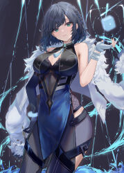 Rule 34 | 1girl, asymmetrical gloves, bare shoulders, black hair, blue dress, blue gloves, blue hair, bracelet, braid, breasts, closed mouth, diagonal bangs, dice, dress, elbow gloves, fingerless gloves, genshin impact, gloves, gradient hair, green eyes, hand on own hip, hand up, highres, jewelry, large breasts, looking at viewer, mole, mole on breast, multicolored hair, raiya atelier, short hair, simple background, single elbow glove, single fingerless glove, sleeveless, sleeveless dress, smile, solo, string, uneven gloves, white gloves, yelan (genshin impact)