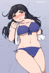 Rule 34 | 10s, 1girl, bikini, black hair, blue background, blush, breasts, brown eyes, cameltoe, cleft of venus, clenched hand, covered erect nipples, highres, kantai collection, large breasts, looking at viewer, lying, navel, on back, open clothes, open mouth, open shirt, sakimori dan, shirt, side-tie bikini bottom, solo, swimsuit, twitter username, ushio (kancolle)