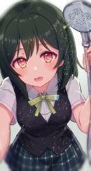 Rule 34 | 1girl, absurdres, black skirt, black vest, blurry, blurry foreground, blush, bow, collared shirt, commentary, cream (nipakupa), fang, green bow, green hair, green ribbon, hair bow, highres, holding, holding shower head, looking at viewer, love live!, love live! nijigasaki high school idol club, mifune shioriko, neck ribbon, open mouth, plaid, plaid skirt, pleated skirt, red eyes, ribbon, shirt, short hair, short sleeves, shower head, showering, skirt, vest, white shirt