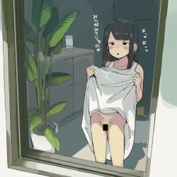 Rule 34 | 1girl, bar censor, black eyes, black hair, blush, censored, clothes lift, dress, dress lift, ettone, groin, highres, lifting own clothes, long hair, no panties, original, plant, potted plant, sleeveless, sleeveless dress, solo, translation request, white dress