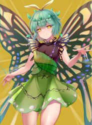 Rule 34 | 1girl, antennae, aqua hair, butterfly wings, closed mouth, cowboy shot, dress, eternity larva, green dress, insect wings, koizumo, leaf, leaf on head, looking at viewer, single strap, smile, solo, standing, touhou, wings, yellow background, yellow eyes, yellow wings