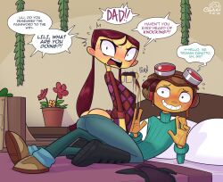 Rule 34 | 1boy, 1girl, aged up, ass, bed, blush, boots, butt crack, caught, cobat, embarrassed, english text, girl on top, goggles, goggles on head, highres, interrupted, lili zanotto, lying, nose blush, on back, pants, pillow, plant, potted plant, psychonauts, razputin aquato, straddling, sweat, sweater, turtleneck, turtleneck sweater, twintails, undressing, walk-in
