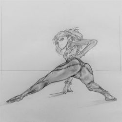 Rule 34 | 1girl, absurdres, artist request, ass, bodysuit, cameltoe, crossed legs, flexible, full body, greyscale, hand on own hip, highres, huge ass, long hair, looking at viewer, looking back, monochrome, neon genesis evangelion, plugsuit, skin tight, solo, souryuu asuka langley, spread legs, squatting, traditional media, two side up, very long hair, wide spread legs