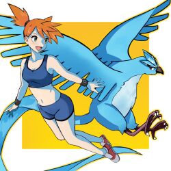 1girl :d articuno bike_shorts black_wristband blue_sports_bra border breasts cleavage collarbone commentary_request creatures_(company) eyelashes game_freak gen_1_pokemon gorakugoten green_eyes highres legendary_pokemon looking_to_the_side midriff misty_(pokemon) navel nintendo open_mouth orange_hair outside_border pokemon pokemon_(creature) pokemon_frlg ponytail red_footwear shoes smile sports_bra tongue white_border yellow_background