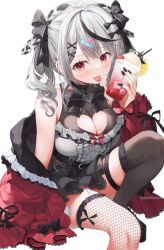 Rule 34 | 1girl, absurdres, bare shoulders, breasts, cleavage, grey hair, highres, hololive, large breasts, sakamata chloe, simple background, solo, tongue, twintails, virtual youtuber, yana mori