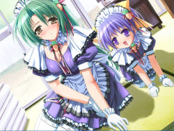 Rule 34 | 1990s (style), 2girls, age difference, all fours, blue hair, blush, breasts, brown eyes, carrot, child, cleavage, dutch angle, food-themed clothes, game cg, gloves, green hair, maid, mother and daughter, multiple girls, murakami suigun, pia carrot (series), pia carrot e youkoso!!, pia carrot e youkoso!! g.o., purple eyes, purple hair, retro artstyle, sitting, smile, thighhighs, waitress, white thighhighs, yamana kaede, yamana tokiko