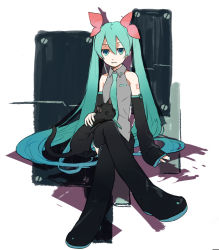 Rule 34 | 1girl, boots, cat, detached sleeves, expressionless, female focus, green hair, hair ribbon, hatsune miku, highres, crossed legs, long hair, mitosa, ribbon, sitting, solo, thigh boots, thighhighs, twintails, vocaloid