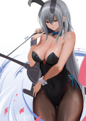 Rule 34 | 1girl, animal ears, arknights, bare arms, bare shoulders, black leotard, blue bow, blue bowtie, bow, bowtie, breasts, cleavage, commentary request, covered navel, cowboy shot, fake animal ears, hair between eyes, highres, korean commentary, large breasts, leotard, long hair, looking at viewer, pantyhose, parted lips, playboy bunny, rabbit ears, red eyes, silver hair, skadi (arknights), solo, standing, strapless, strapless leotard, thighs, very long hair, white background, wrist cuffs, ydg (eorbsaos1004)