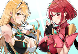 Rule 34 | 2girls, armpits, black gloves, blonde hair, breasts, chest jewel, cleavage, earrings, fingerless gloves, gem, gloves, headpiece, highres, jewelry, large breasts, long hair, looking at viewer, lying, mameroku, multiple girls, mythra (xenoblade), on back, pyra (xenoblade), red eyes, red hair, short hair, swept bangs, upper body, white gloves, xenoblade chronicles (series), xenoblade chronicles 2, yellow eyes