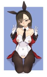 Rule 34 | 1girl, animal ears, aomushi (mushamusha), black hair, blush, border, breasts, brown eyes, cleft of venus, double v, fake animal ears, female focus, full body, girls und panzer, highres, large breasts, leotard, looking at viewer, nipples, nishi kinuyo, parted lips, playboy bunny, pussy, rabbit ears, simple background, solo, v, white border, white leotard
