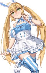 Rule 34 | 1girl, absurdres, animal ear hairband, animal ears, argyle, argyle clothes, argyle legwear, artoria caster (swimsuit) (fate), artoria caster (swimsuit) (second ascension) (fate), asymmetrical pants, blonde hair, blue dress, blue thighhighs, blush, bow, bow legwear, checkered thighhighs, dress, dress bow, fake animal ears, fate/grand order, fate (series), from below, green eyes, hairband, highres, looking at viewer, rabbit ears, ribbon, simple background, solo, striped clothes, striped thighhighs, thighhighs, toukan, twintails, vertical-striped clothes, vertical-striped thighhighs, white background, wrist cuffs