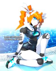 Rule 34 | 1girl, barefoot sandals (jewelry), blonde hair, blue eyes, hand on ground, humanoid robot, looking at viewer, looking to the side, mel karon, metal skin, mucha gorou, one eye closed, pool, robot, robot neoanthropinae polynian, school swimsuit, solo, swimsuit, twintails