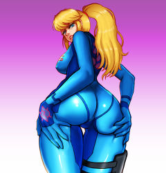 Rule 34 | 1girl, ass, ass grab, back, blonde hair, blue bodysuit, blue eyes, blue suit, bodysuit, boongar, breasts, curvy, female focus, formal, hands on own hips, hip focus, huge ass, long hair, looking at viewer, looking back, metroid, nintendo, ponytail, samus aran, sideboob, skin tight, solo, suit, thick thighs, thighs, tight clothes, wide hips, zero suit