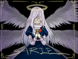 Rule 34 | 1girl, angel, angel wings, bloody cuke, blue dress, bow, bowtie, character name, dress, eyelashes, closed eyes, feathered wings, halo, long dress, long hair, long sleeves, multiple wings, neck ruff, own hands clasped, own hands together, palms together, praying, puffy short sleeves, puffy sleeves, red bow, red bowtie, sariel (touhou), seraph, shirt, short sleeves, touhou, touhou (pc-98), very long hair, white hair, white shirt, white wings, wings