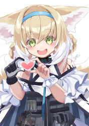Rule 34 | 1girl, :d, animal ear fluff, animal ears, arknights, bare shoulders, black gloves, blouse, blue hairband, braid, braided hair rings, brown hair, commentary request, fox ears, fox girl, fox tail, gloves, green eyes, hair between eyes, hair rings, hairband, hands up, heart, heart hands, infection monitor (arknights), looking at viewer, material growth, multicolored hair, open mouth, oripathy lesion (arknights), shirt, signature, simple background, single glove, smile, solo, suzuran (arknights), tail, tsuyuki yuki, twin braids, two-tone hair, white background, white hair, white shirt