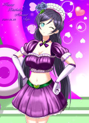 Rule 34 | 1girl, ;), ;o, absurdres, apron, aqua eyes, artist name, artist request, belt, blue flowers, blush, bracelet, breasts, choker, cleavage, collarbone, dress, elbow gloves, female focus, flower, gem, gloves, green belt, green eyes, hair flower, hair ornament, hands on own hips, heart, highres, jewelry, leaf hair ornament, long hair, long twintails, looking at viewer, love live!, love live! school idol project, low twintails, maid, maid headdress, medium breasts, one eye closed, parted lips, puffy short sleeves, puffy sleeves, purple choker, purple dress, purple hair, purple skirt, sho (higashi), short sleeves, skirt, smile, solo, tojo nozomi, twintails, white apron, white gloves
