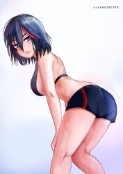 Rule 34 | 1girl, absurdres, alfarejected, armpits, bent over, black hair, blue eyes, blush, breasts, gradient background, hair between eyes, hand on own thigh, highres, kill la kill, looking back, matoi ryuuko, medium breasts, messy hair, multicolored hair, panties, parted lips, revealing clothes, short hair, short shorts, shorts, sideboob, signature, simple background, streaked hair, sweat, thighs, trigger (company), two-tone hair, underwear