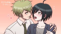 Rule 34 | 2boys, :o, ahoge, alternate costume, amami rantaro, black hair, brown eyes, brown necktie, collarbone, collared shirt, danganronpa (series), danganronpa v3: killing harmony, ear piercing, earrings, eye contact, green hair, hand on another&#039;s shoulder, heart, holding, holding pen, jewelry, long sleeves, looking at another, male focus, multiple boys, necktie, open mouth, pen, piercing, pink background, ring, saihara shuichi, shirt, short hair, smile, suiren yurei, teeth, tongue, translation request, upper teeth only
