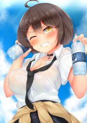 Rule 34 | 1girl, ahoge, azur lane, baltimore (after-school ace) (azur lane), baltimore (azur lane), beige jacket, black choker, black hair, black necktie, black skirt, blue sky, blush, bottle, braid, breasts, choker, cleavage, clothes around waist, cloud, collarbone, commentary request, daichi (tokoya), day, grin, hair between eyes, hands up, highres, holding, holding bottle, jacket, jacket around waist, large breasts, looking at viewer, necktie, one eye closed, outdoors, see-through, short hair, skirt, sky, smile, solo, sweat, upper body, v-shaped eyebrows, water bottle, yellow eyes
