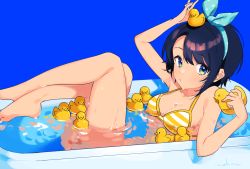Rule 34 | 1girl, arm up, bare arms, bare legs, bare shoulders, bathing, bathtub, bikini, black hair, blue background, blue bow, blue eyes, blue hairband, bow, breasts, cleavage, collarbone, commentary request, from side, hair ribbon, hairband, highres, holding, hololive, legs up, looking at viewer, looking to the side, nokachoco114, oozora subaru, oozora subaru (hololive summer 2019), partially submerged, polka dot, polka dot hairband, polka dot ribbon, ribbon, rubber duck, short hair, signature, simple background, small breasts, solo, striped bikini, striped clothes, swept bangs, swimsuit, virtual youtuber, water, yellow bikini