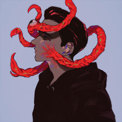Rule 34 | 1boy, animification, ben hargreeves, black hoodie, brown hair, closed mouth, from side, hood, hood down, hoodie, light blue background, male focus, qin (7833198), shaded face, short hair, simple background, solo, tentacles, the umbrella academy, upper body