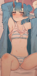Rule 34 | 1girl, arms behind head, arms up, at2., blue bra, blue hair, blue panties, blush, bra, bright pupils, character request, closed mouth, copyright request, crop top lift, grey eyes, hair bun, highres, horns, long hair, long sleeves, looking at viewer, multicolored bra, multicolored clothes, multicolored panties, navel, panties, pointy ears, single hair bun, sketch, solo, striped bra, striped clothes, striped panties, underwear, white bra, white panties, white pupils