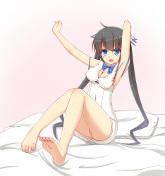 Rule 34 | 10s, 1girl, armpits, arms up, barefoot, bed, black hair, blue eyes, blush, breasts, cleavage cutout, clothing cutout, covered navel, dress, dungeon ni deai wo motomeru no wa machigatteiru darou ka, covered erect nipples, fang, feet, female focus, hair ornament, hair ribbon, hestia (danmachi), highres, hiraga-zero, legs, long hair, looking at viewer, no panties, open mouth, pillow, pussy, rei no himo, ribbon, short dress, simple background, sitting, soles, solo, toes, twintails, uncensored, white background, white dress