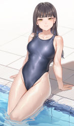 Rule 34 | 1girl, bare arms, bare shoulders, black hair, black one-piece swimsuit, breasts, collarbone, competition swimsuit, covered navel, fangxiang cuoluan, groin, highleg, highleg swimsuit, highres, long hair, looking at viewer, medium breasts, one-piece swimsuit, original, poolside, skindentation, smile, solo, swimsuit, thighs, water, wet, yellow eyes